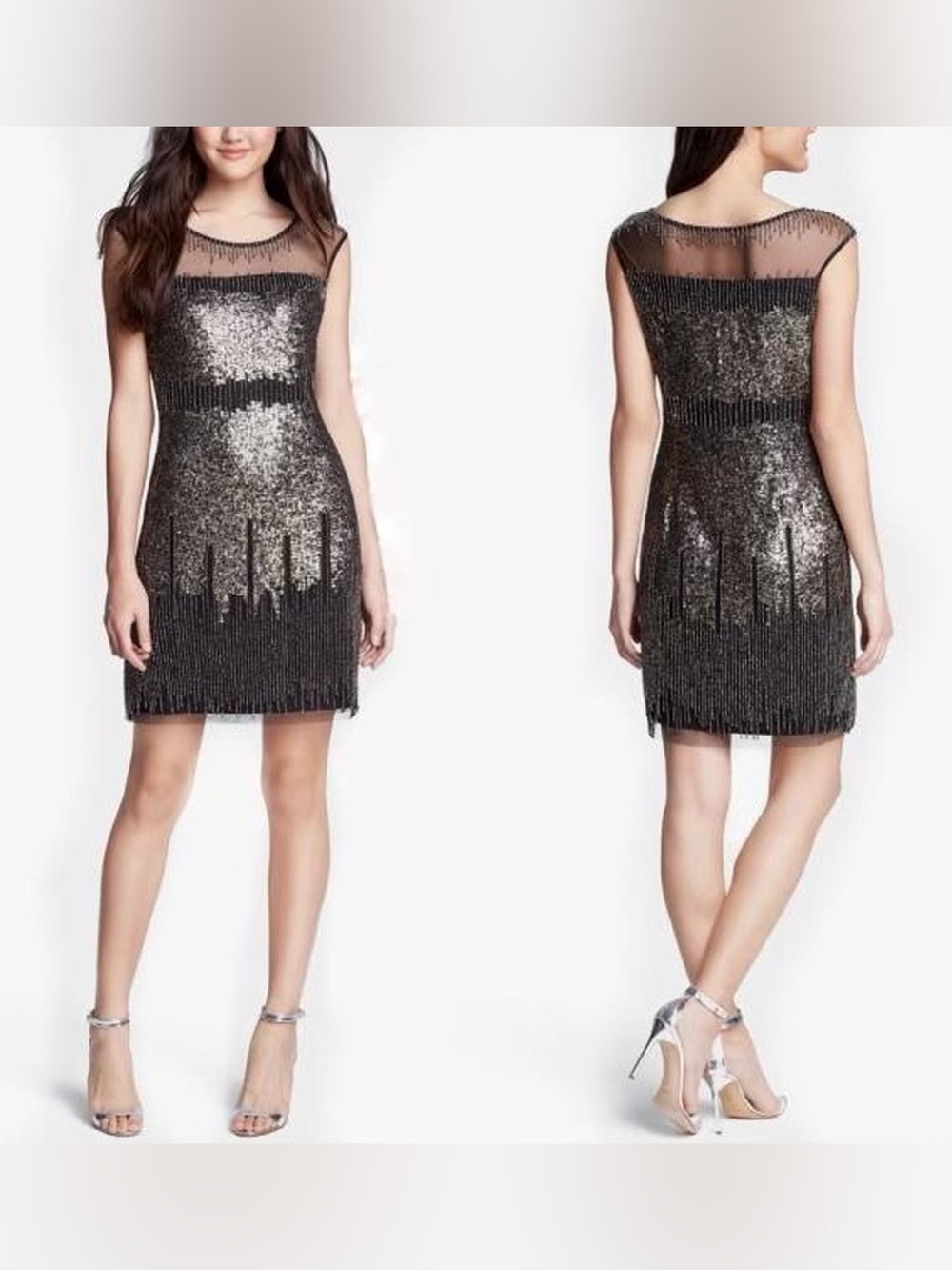 🔳Adrianna Papell Illusion Yoke Beaded Sheath Dress Black Gold🔳